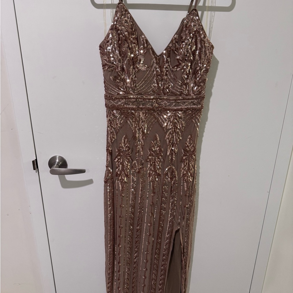 le chateau Rose Gold Sequin Maxi Dress
